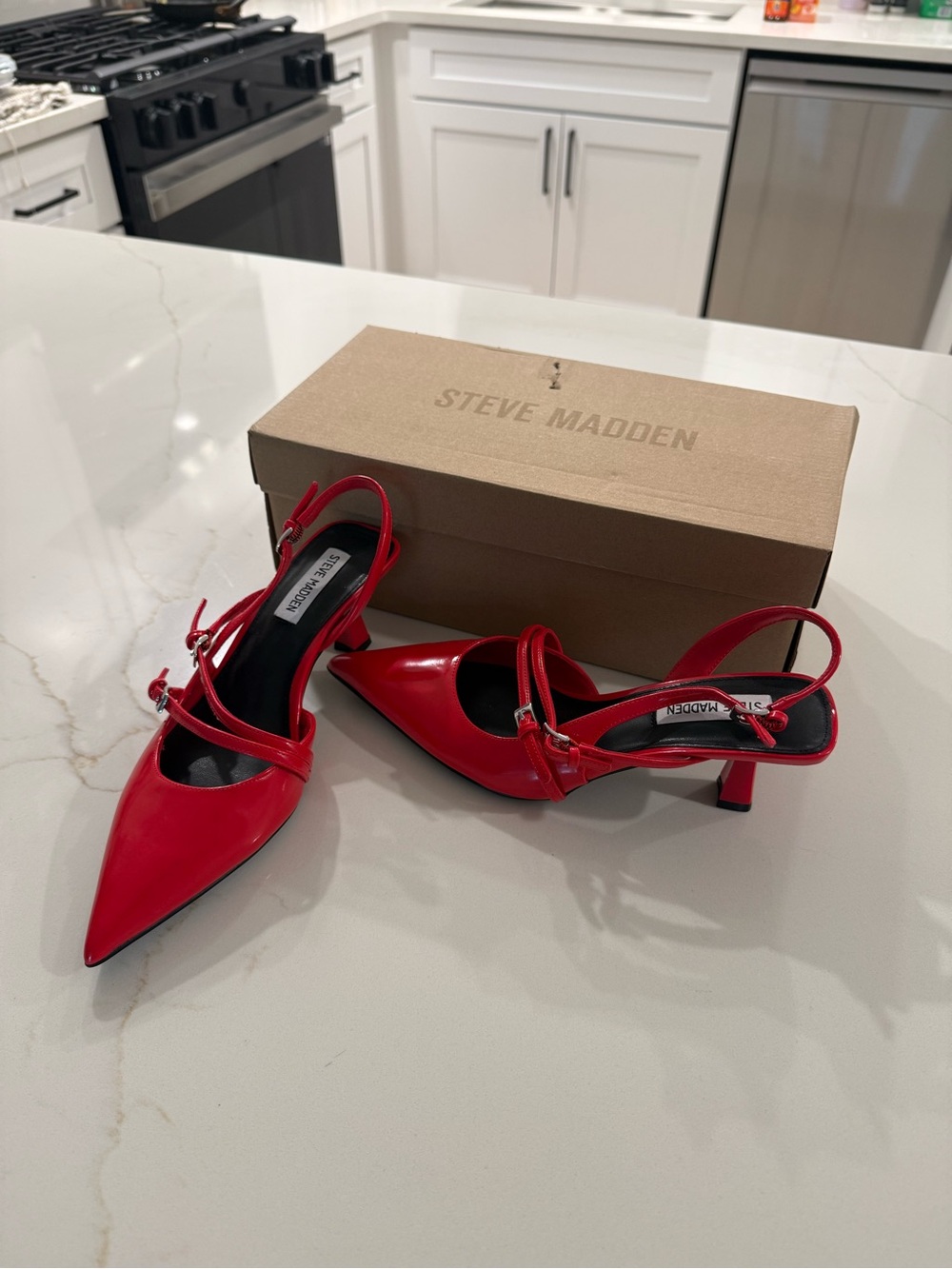 Steve Madden Red Patent Pointed Slingback Kitten Heels